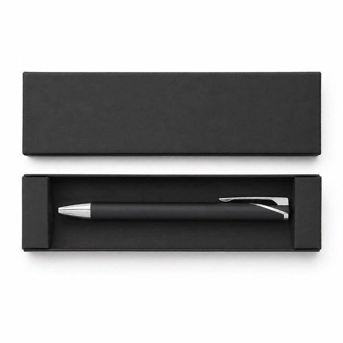 Maddie Gel Ink Pen - A black gel ink pen with a silver clip, presented in a black box without additional markings.