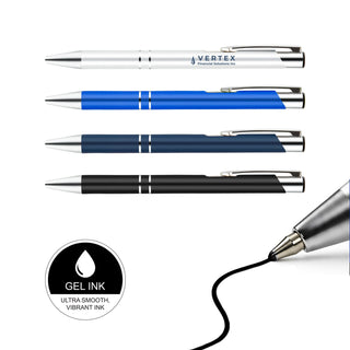 Napier Gel Ink Pen - Four gel ink pens in silver, blue, dark blue, and black, with a liquid ink droplet graphic.