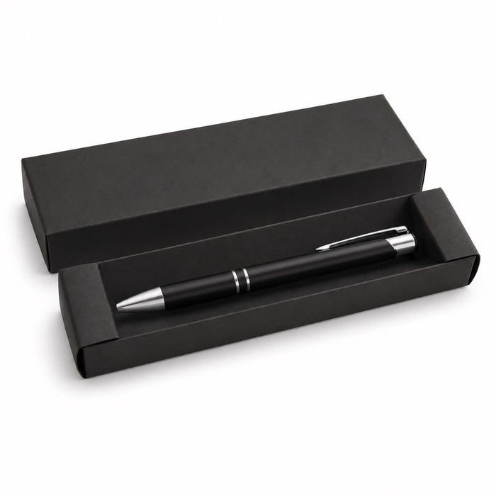 Napier Gel Ink Pen - A black gel ink pen is displayed inside a black box, featuring a sleek design and silver accents.
