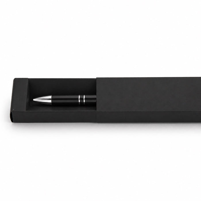 Napier Gel Ink Pen - A black gel ink pen displayed in a sleek black box, featuring a simple design and metallic accents.