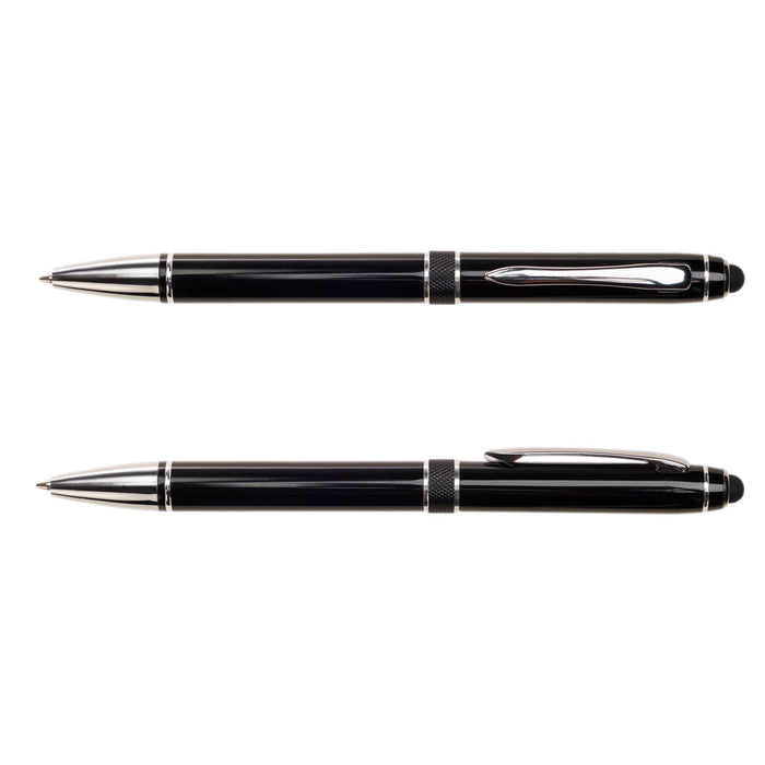 The Daily Setup - A metal pen set featuring sleek black finishes with silver detailing and a logo.