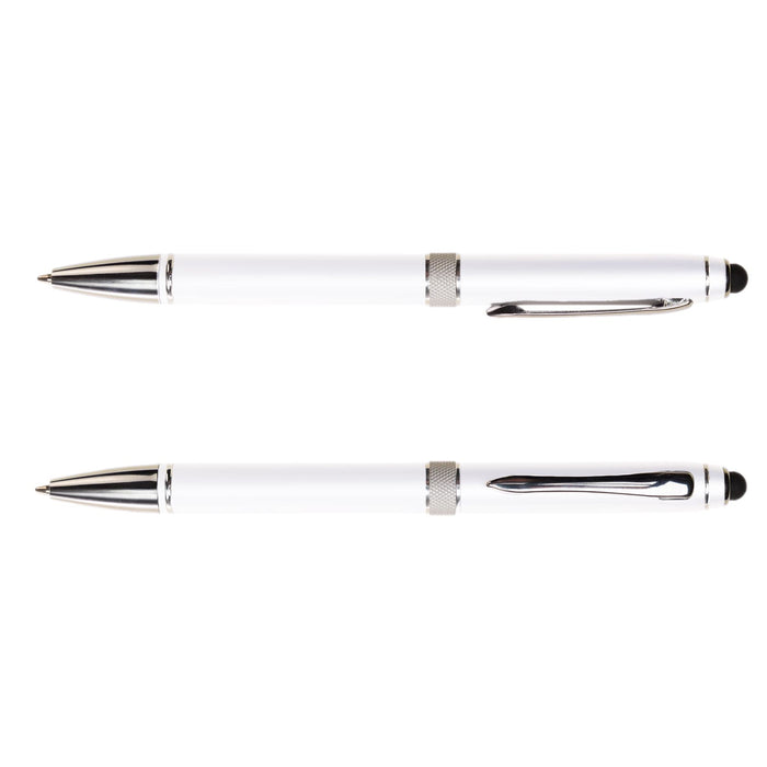 The Daily Setup - A metal pen with a sleek white body and chrome accents, featuring a smooth writing tip and a stylus for touchscreens.
