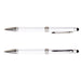 The Daily Setup - A metal pen with a sleek white body and chrome accents, featuring a smooth writing tip and a stylus for touchscreens.