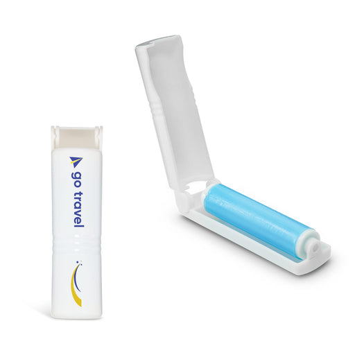 Mini Lint Roller - A mini lint roller featuring a blue roller and a white casing with a logo.