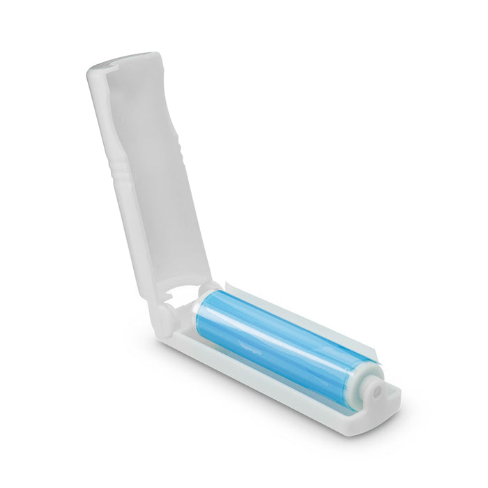 Mini Lint Roller - A mini lint roller with a transparent blue adhesive sheet housed in a white casing.