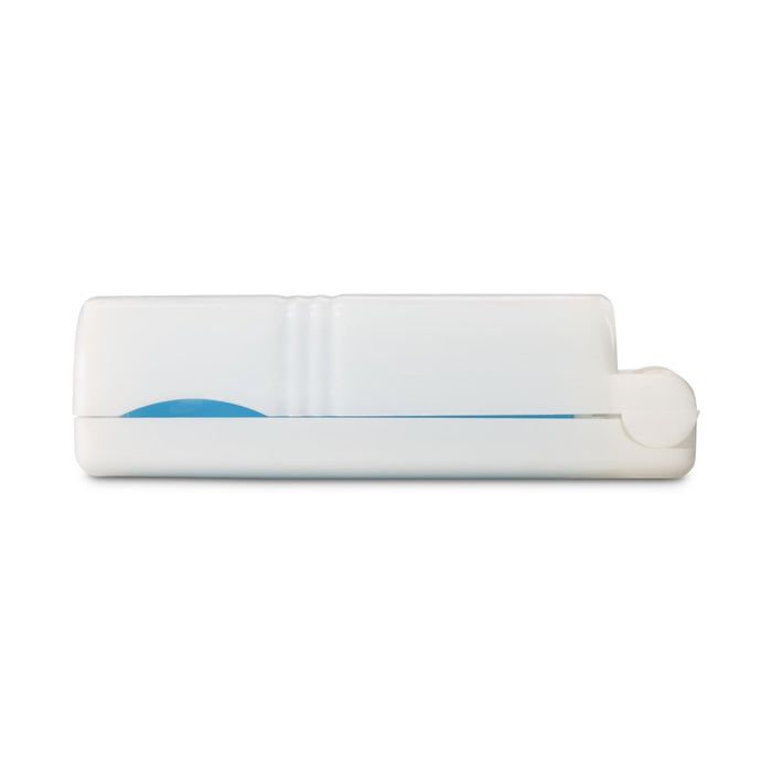 Mini Lint Roller - A mini lint roller in a white casing with a blue adhesive strip and a circular end. It features a logo.