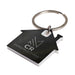 House Stainless Steel Keytag - A keytag shaped like a house in black and white, featuring a circular keyring and a logo.