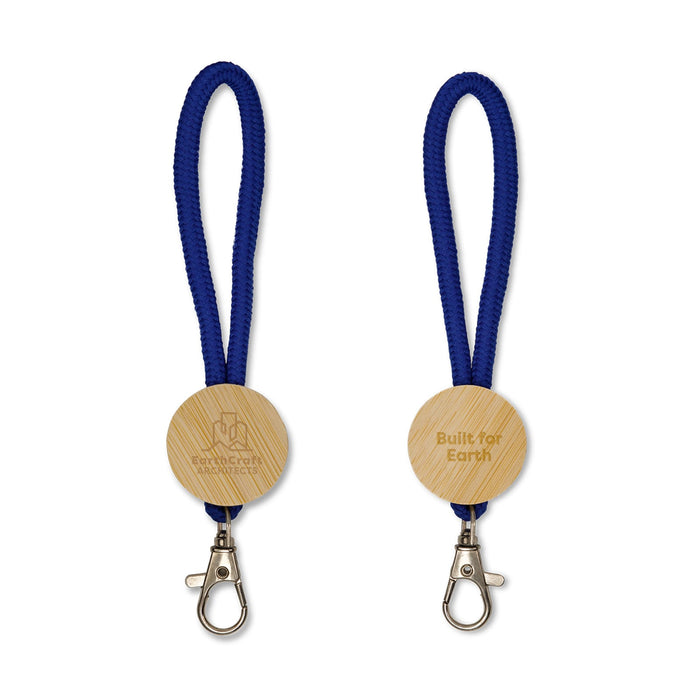Luxeloop Keytag - A blue keytag with a looped rope design and a wooden circular attachment featuring an engraved logo.