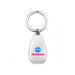 Moby Keytag - A silver keytag with a teardrop shape and a logo, featuring a blue globe and pink text.