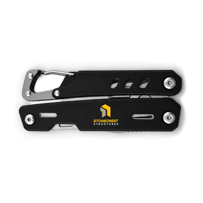 Trail Multi Tool - A black multi-tool featuring a carabiner clip and silver attachments, with a logo on one side.