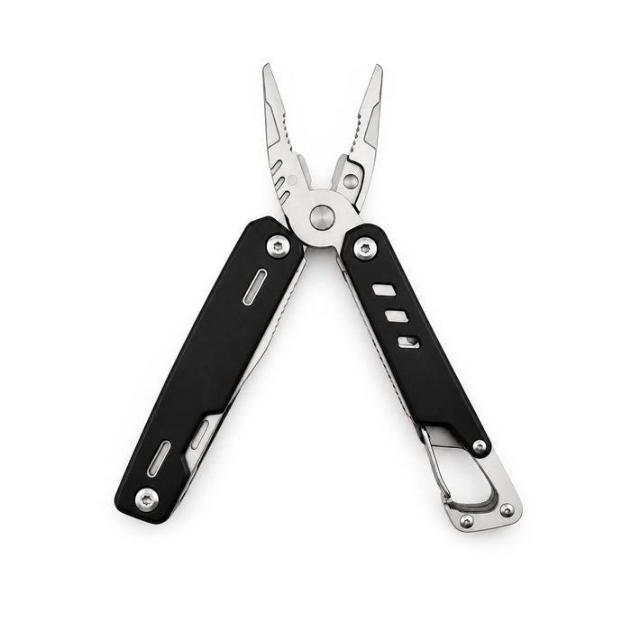 Trail Multi Tool - A multi-tool with pliers, stainless steel blades, and a black handle. It features a carabiner clip and a logo.