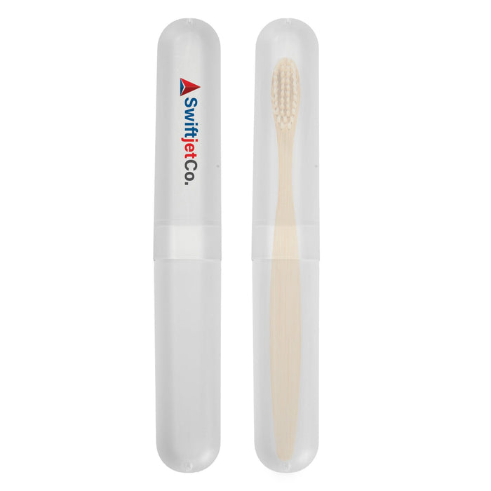 Sparkle Toothbrush Case - A clear toothbrush case with a bamboo toothbrush inside, featuring a logo on the exterior.