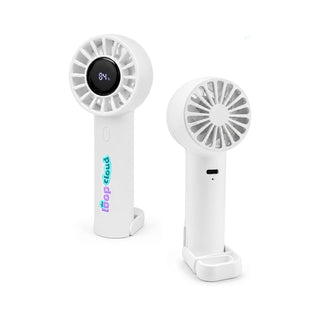 Nomad Rechargeable Fan - A portable rechargeable fan in white, featuring a sleek design and a compact base for stability. It has a logo on the side.