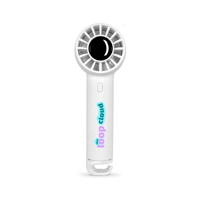 Nomad Rechargeable Fan - A rechargeable fan in white with a round head and a logo on the handle.