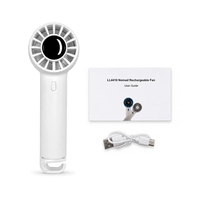 Nomad Rechargeable Fan - A white rechargeable fan with a circular design, accompanied by a user guide and USB charging cable.