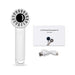 Nomad Rechargeable Fan - A white rechargeable fan with a circular design, accompanied by a user guide and USB charging cable.