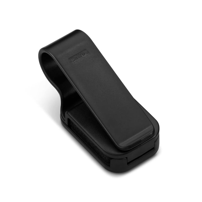 Visor Glasses Holder - A black visor glasses holder with a clip design, featuring a textured surface. It has a logo on the side.