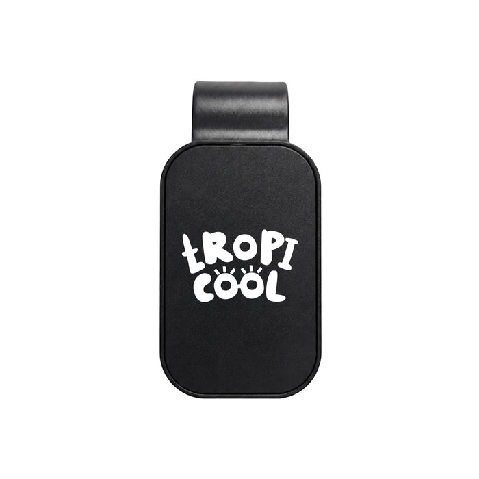 Visor Glasses Holder - A black visor glasses holder with a logo featuring playful white text. Simple and compact design for accessories.