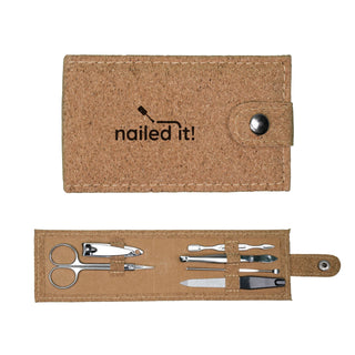 Cork Manicure Set - A cork manicure set featuring scissors, nail clippers, tweezers, nail files, and a snap closure.