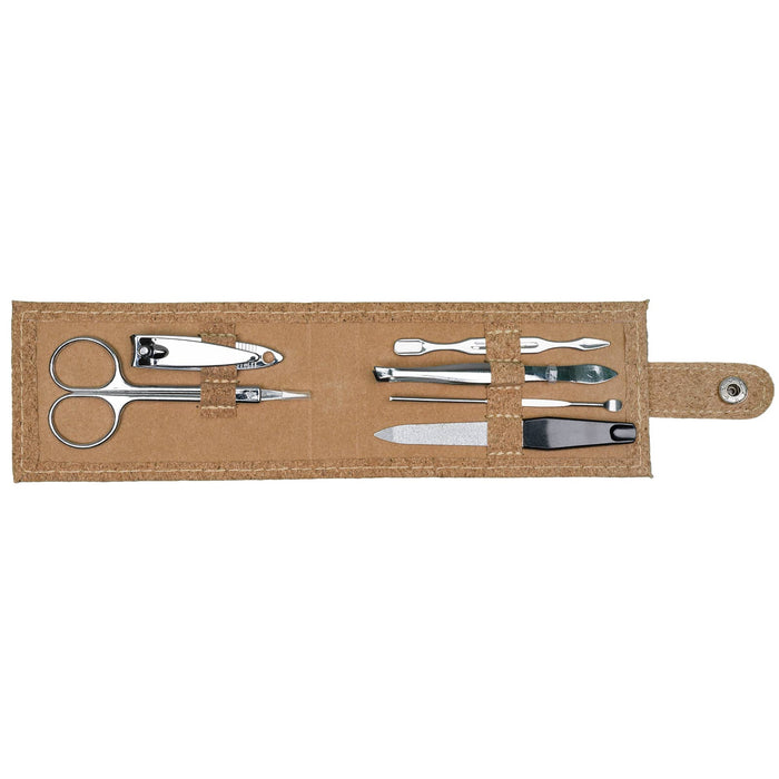 Cork Manicure Set - A cork manicure set featuring stainless steel tools, including scissors, clippers, and nail files in a brown case.