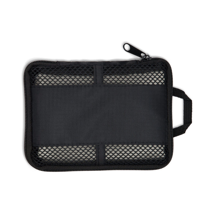 The Hustle Pack - A black zippered pouch with a mesh front and a handle, suitable for organising small items.