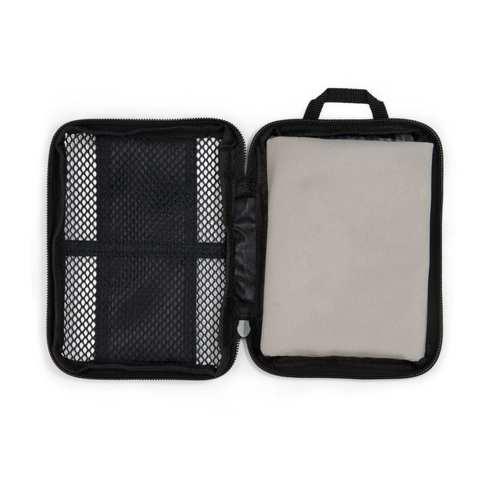 Vision Sports Towel - A zipped storage case featuring a mesh pocket and a padded compartment, primarily in black with a light grey interior.