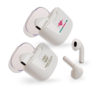 Twista Earbuds - Twista Earbuds displayed in white with custom branding for Yarra Valley University and Urban Pulse FM.