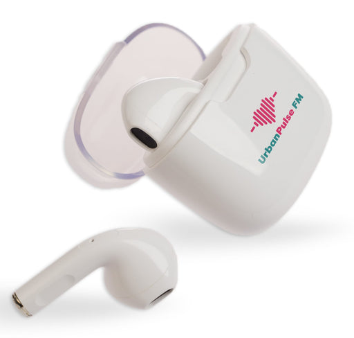 Twista Earbuds - White Twista Earbuds with a charging case, featuring a logo on the case and one earbud displayed outside.