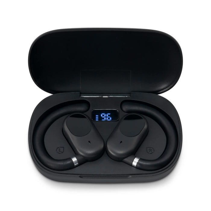 Loop Earbuds - Black ear buds sitting in a charging case, featuring a digital display on the inside of the lid.