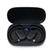 The Hustle Pack - Black ear buds sitting in a charging case, featuring a digital display on the inside of the lid.