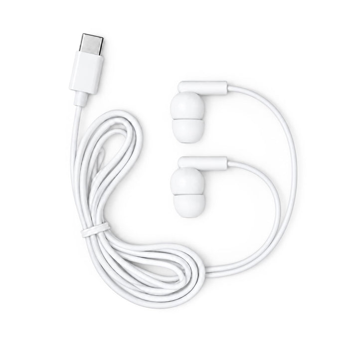 Nico Type C Earbuds - White Type C earbuds with a long cable, featuring a simple design and connector. Includes a logo.