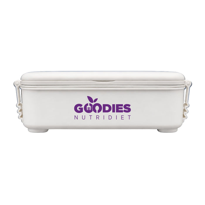 Meridian Double Tray Lunchbox - A white double tray lunchbox with a secure lid and a logo on the front.