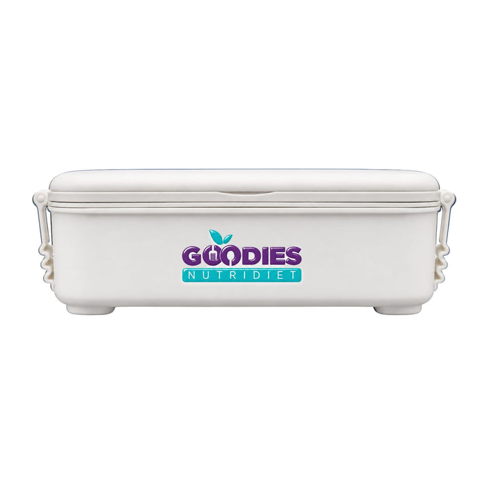 Meridian Double Tray Lunchbox - A white double tray lunchbox with a secure lid and a logo on the front.