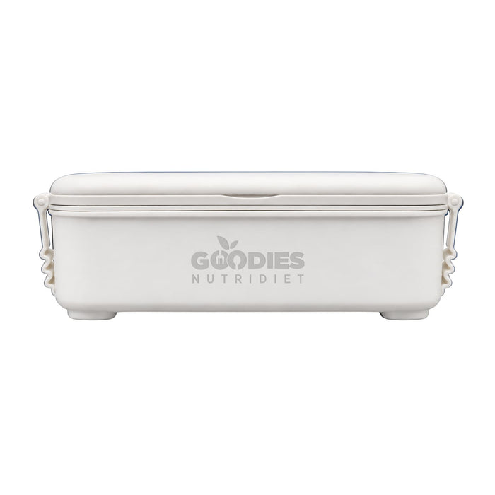 Meridian Double Tray Lunchbox - A white double tray lunchbox with a smooth finish and a logo on the front. Features secure lid and side clips.