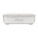 Meridian Double Tray Lunchbox - A white double tray lunchbox with a smooth finish and a logo on the front. Features secure lid and side clips.