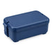 Meridian Double Tray Lunchbox - A navy blue lunchbox with a secure lid and a sturdy clasp, featuring a logo on the side.