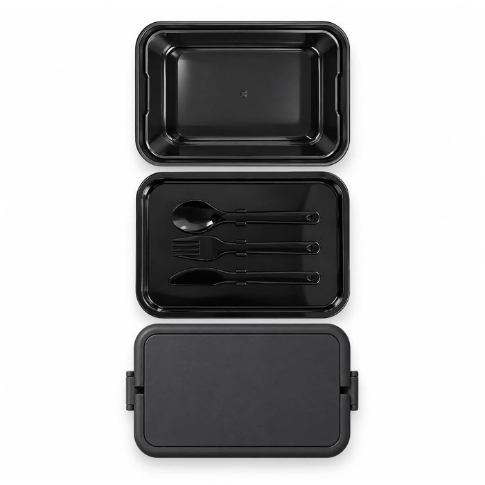 Meridian Double Tray Lunchbox - A black double tray lunchbox with a lid, featuring cutlery including a spoon, fork, and knife. It has a logo.