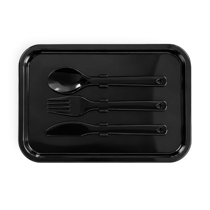 Meridian Double Tray Lunchbox - A black tray featuring a spoon, fork, and knife arranged neatly on it.