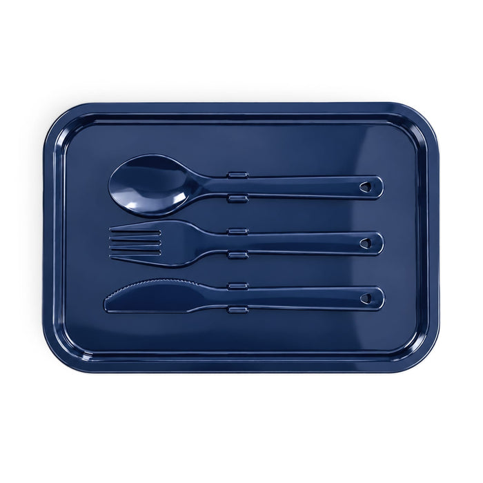 Meridian Double Tray Lunchbox - A navy blue tray containing a spoon, fork, knife, and a spork. The tray has a sleek design and branding.