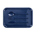 Meridian Double Tray Lunchbox - A navy blue tray containing a spoon, fork, knife, and a spork. The tray has a sleek design and branding.