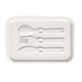Meridian Double Tray Lunchbox - A white tray featuring a spoon, fork, and knife, all in matching plastic material. It has a branding logo.