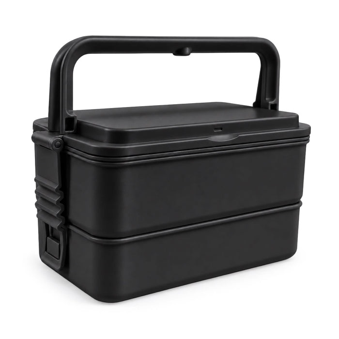 Meridian Double Tray Lunchbox - A black double tray lunchbox with a handle and adjustable clips, featuring a logo on the side.