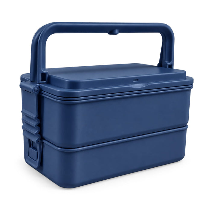 Meridian Double Tray Lunchbox - A navy double tray lunchbox with a sturdy handle and a secure lid, featuring a branding logo.