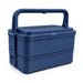 Meridian Double Tray Lunchbox - A navy double tray lunchbox with a sturdy handle and a secure lid, featuring a branding logo.