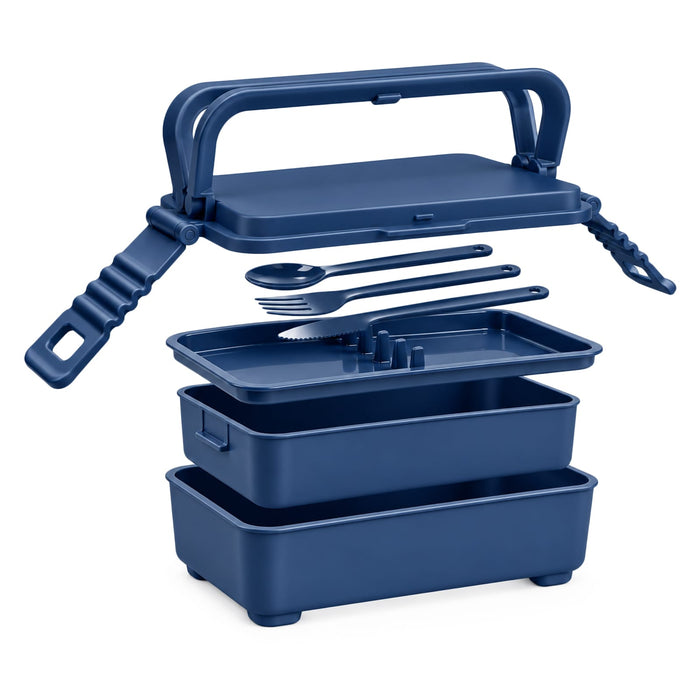 Meridian Double Tray Lunchbox - A navy blue double tray lunchbox with a handle, two stacked containers, and included cutlery. Contains a branding logo.