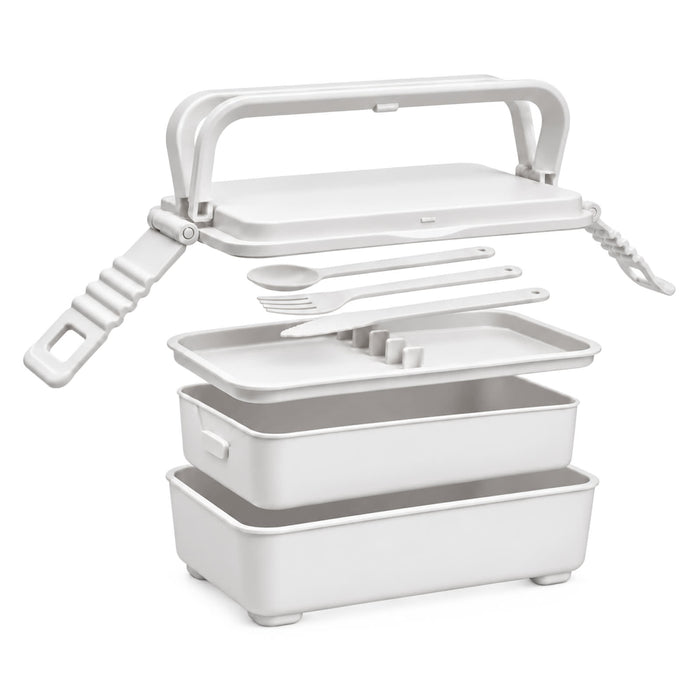 Meridian Double Tray Lunchbox - A double tray lunchbox in white with a handle, containing two compartments and a fork and spoon set.