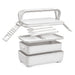 Meridian Double Tray Lunchbox - A double tray lunchbox in white with a handle, containing two compartments and a fork and spoon set.