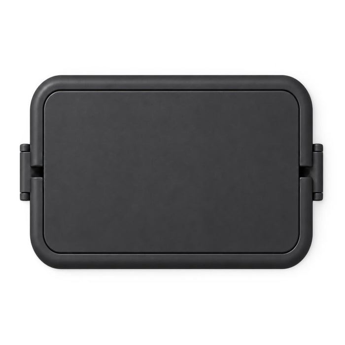 Meridian Double Tray Lunchbox - A black double tray lunchbox with a hinged lid and a simple design. It features a logo on the surface.