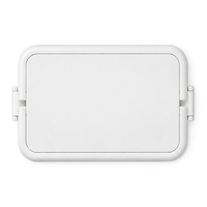 Meridian Double Tray Lunchbox - A white double tray lunchbox with a hinged lid, featuring a simple design and a logo.