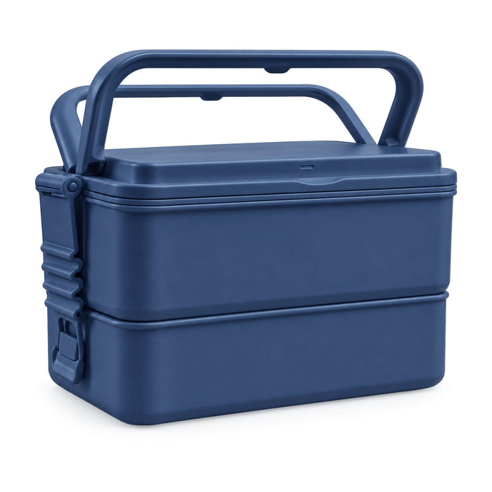 Meridian Double Tray Lunchbox - A navy blue double tray lunchbox with a handle and secure clasp, featuring a stacked design for easy storage.